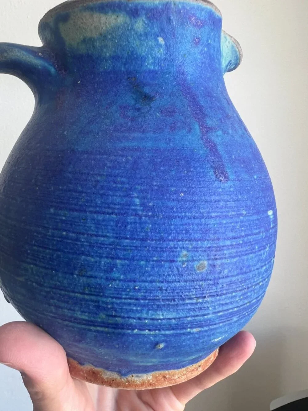 Vintage Studio Pottery Cerulean Blue Pitcher Vase Signed Hand Thrown Stoneware